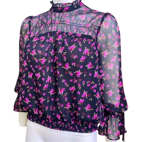 EXPRESS LONG SLEEVE SHEER PINK & BLACK FLORAL BLOUSE SZ XS - Picture 1 of 7